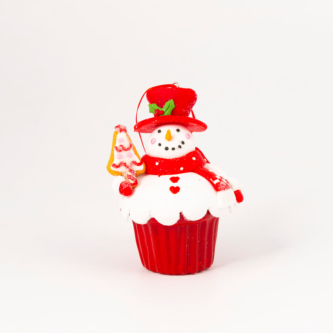 Handmade Snowman holding gingerbread tree Cupcake Ornament