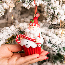 Load image into Gallery viewer, Handmade Peppermint Santa Cupcake Tee Ornament
