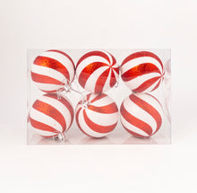 Load image into Gallery viewer, Set of 6 Red and White Stripped Shatterproof Baubles
