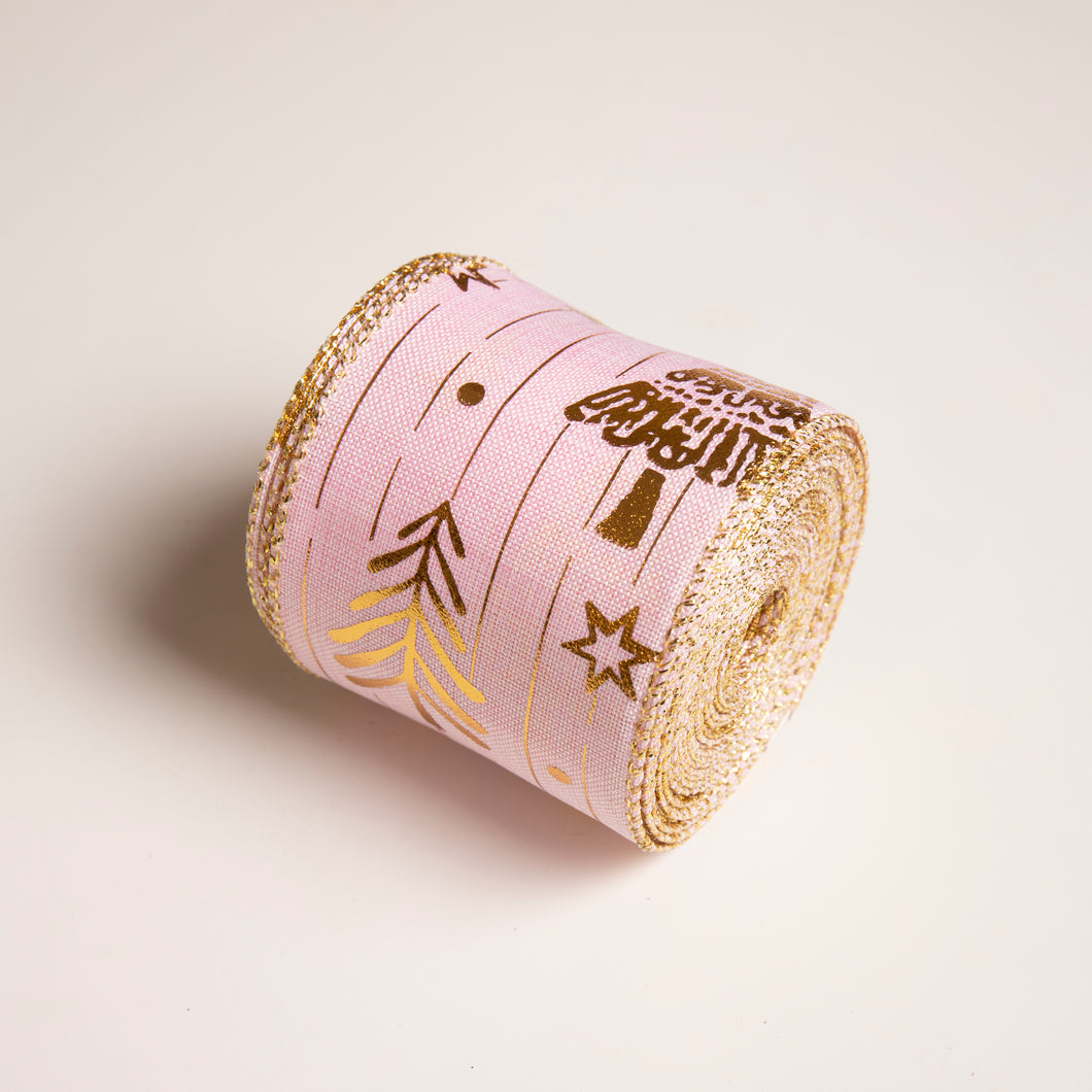 Pastel Pink with Golden trees and stars Christmas Ribbon