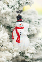 Load image into Gallery viewer, Snowman ornament white iridescent with black hat
