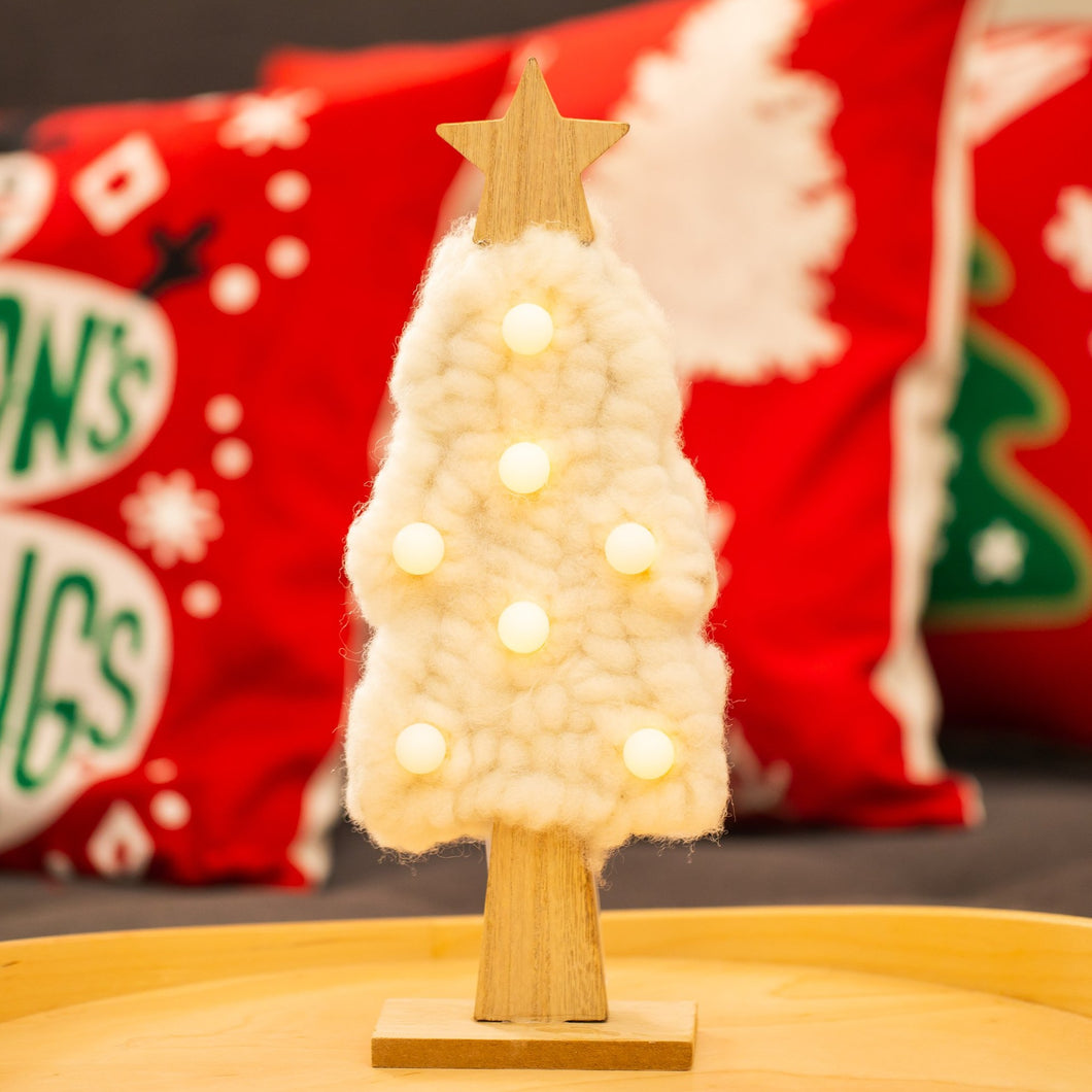 Lighted wood and wool white Christmas tree