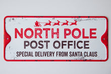 Load image into Gallery viewer, “North Pole Post Office” white metal sign
