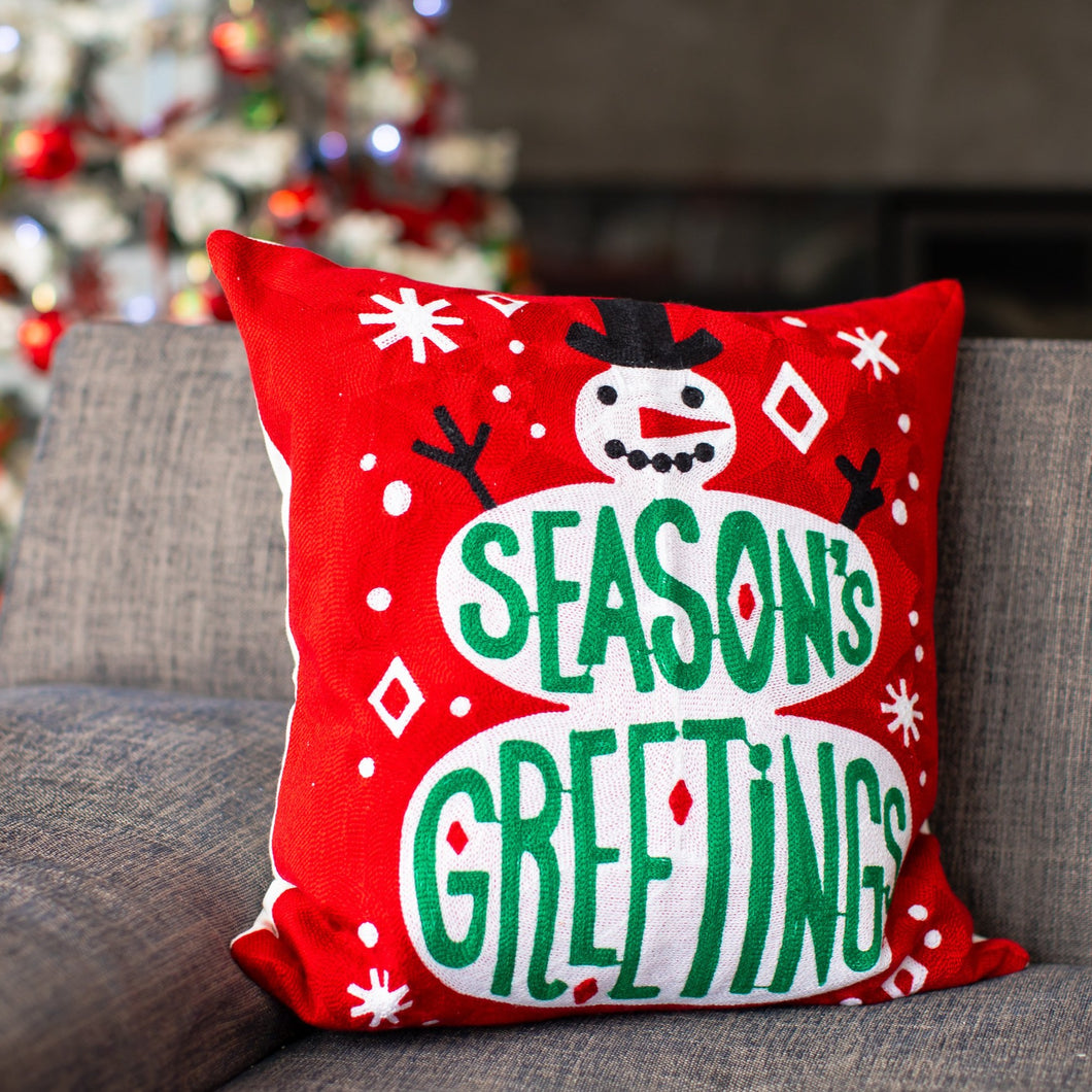 “Season’s Greetings” red pillow cover