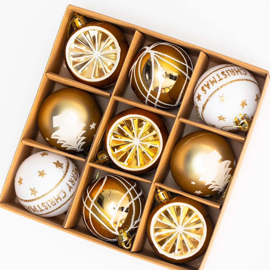 Set of 9 golden and white shatterproof baubles