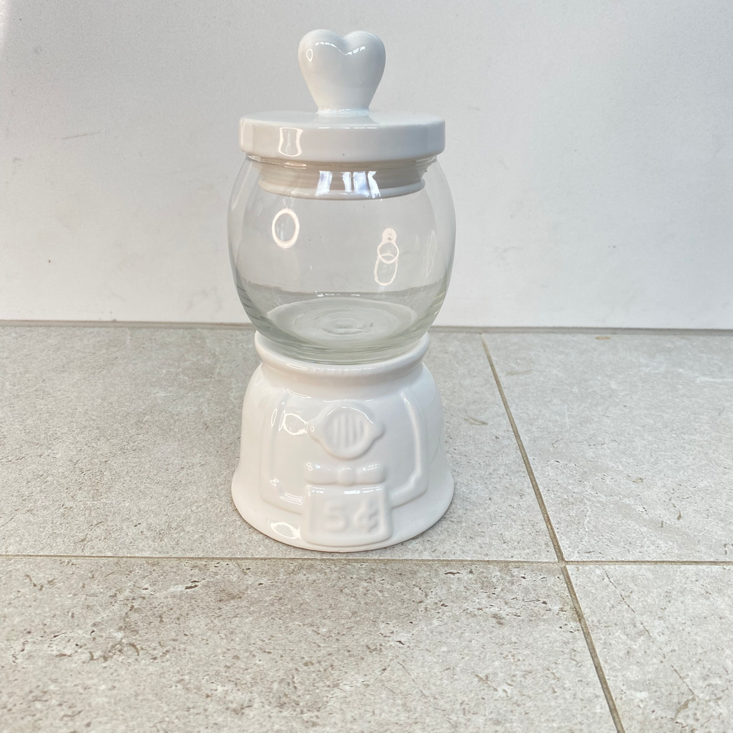 White Glass and Ceramic Mini Gumball Machine Container