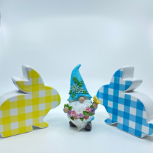 Load image into Gallery viewer, Blue and Yellow Double-sided Gingham Ceramic Easter Bunny
