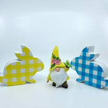 Load image into Gallery viewer, Blue and Yellow Double-sided Gingham Ceramic Easter Bunny
