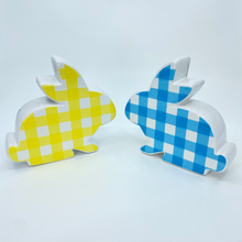 Load image into Gallery viewer, Blue and Yellow Double-sided Gingham Ceramic Easter Bunny
