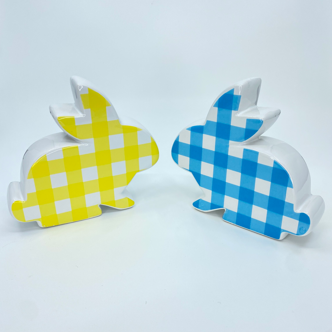 Blue and Yellow Double-sided Gingham Ceramic Easter Bunny